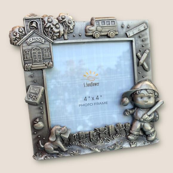 New PEWTER METAL Back To/First Day Of School 4 X 4 Photo Picture Frame VTG - Picture 1 of 9